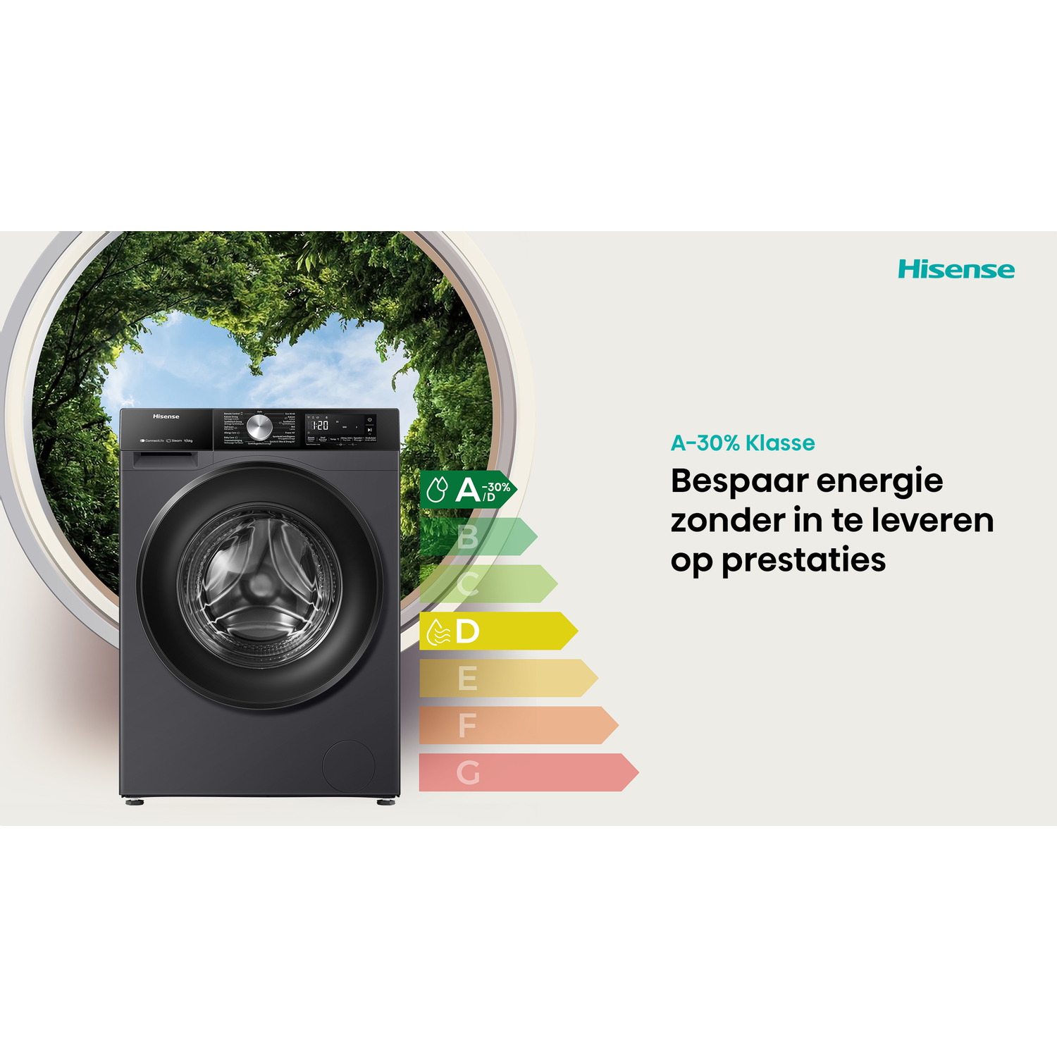 Donkergrijze Hisense wasmachine voor een raam met groene bomen en energie-efficiëntieklasse.