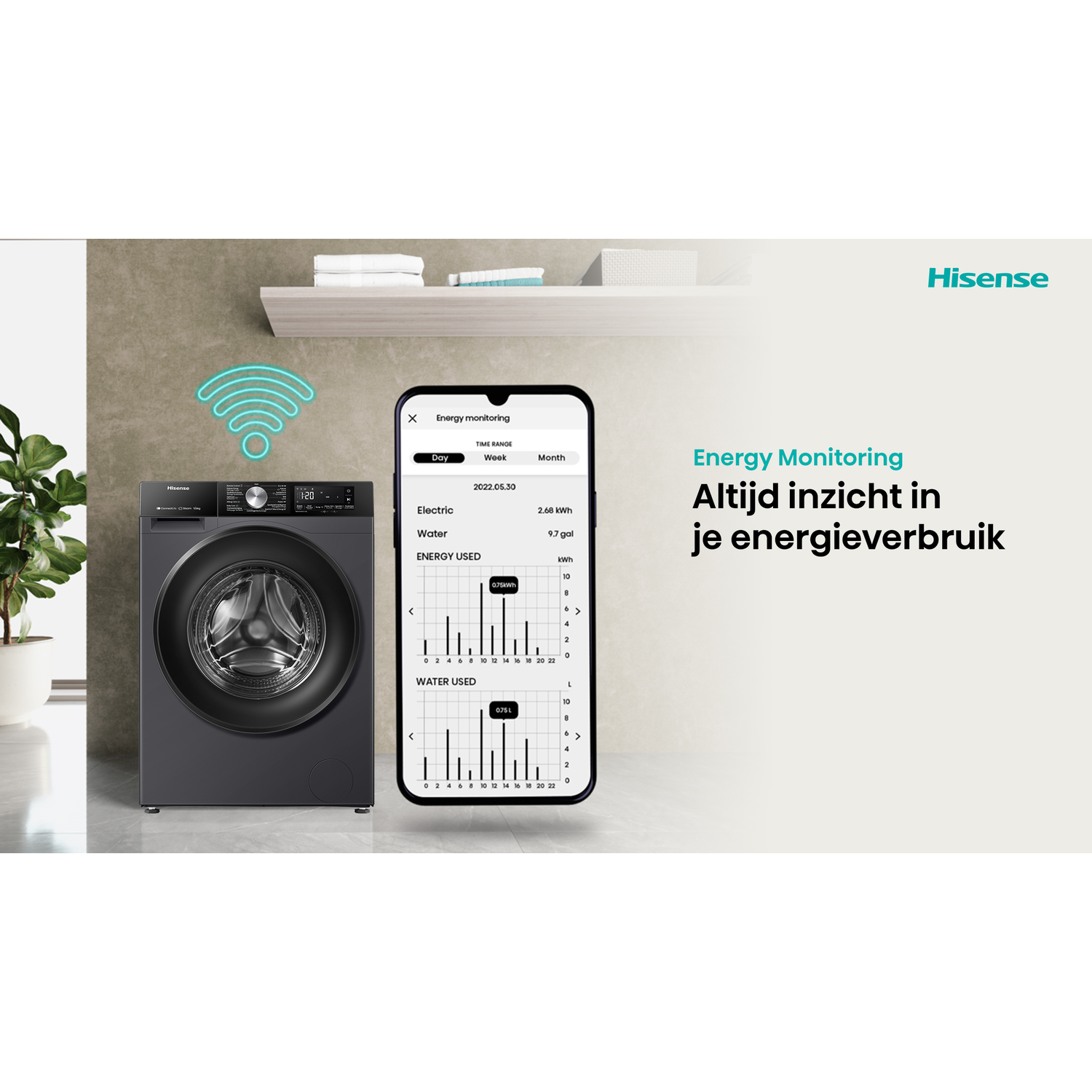 Donkergrijze Hisense wasmachine met energiebewakingsapp en WiFi-symbool.