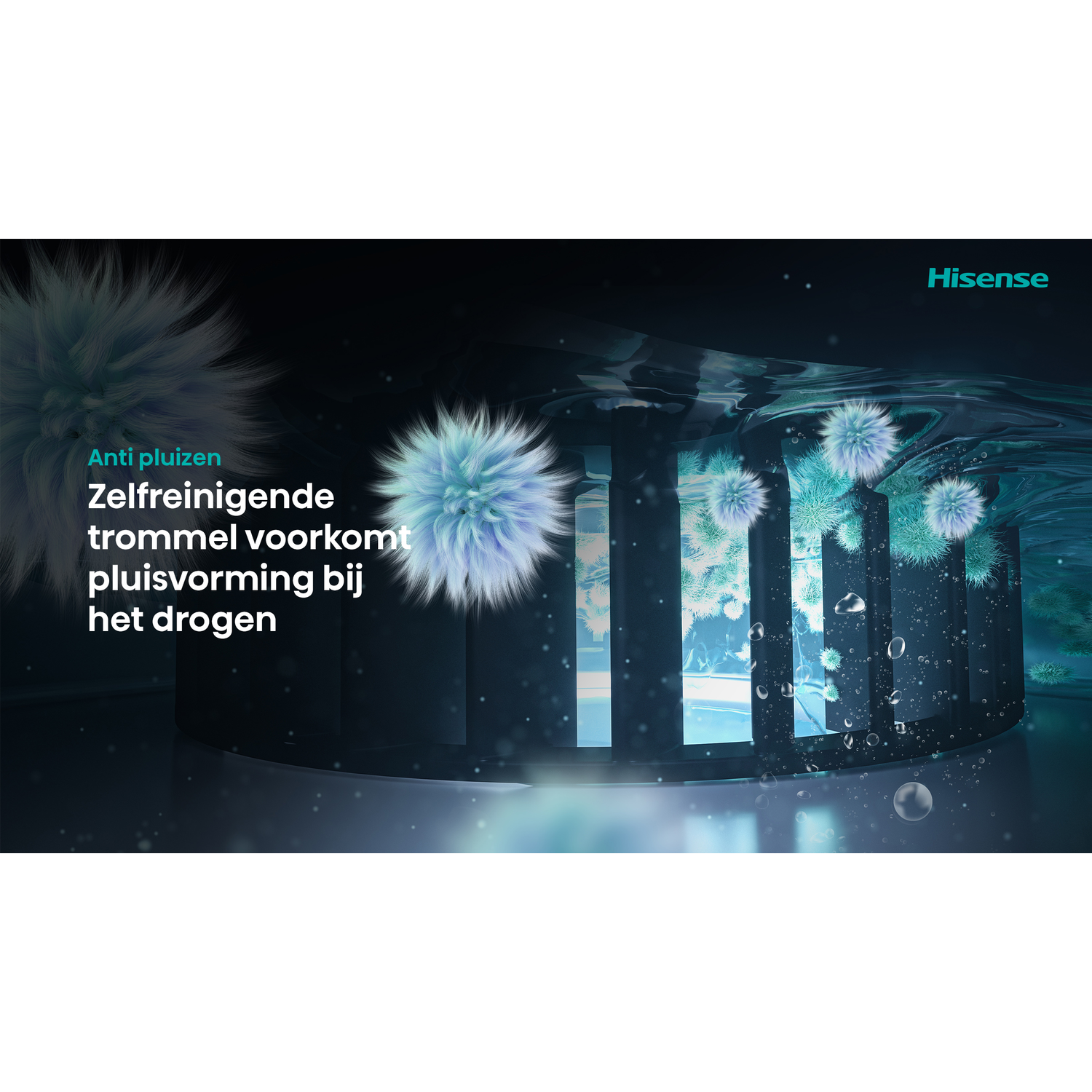 Abstracte afbeelding met blauwgroene pluisjes, die een zelfreinigende trommel promoot die pluisvorming voorkomt.