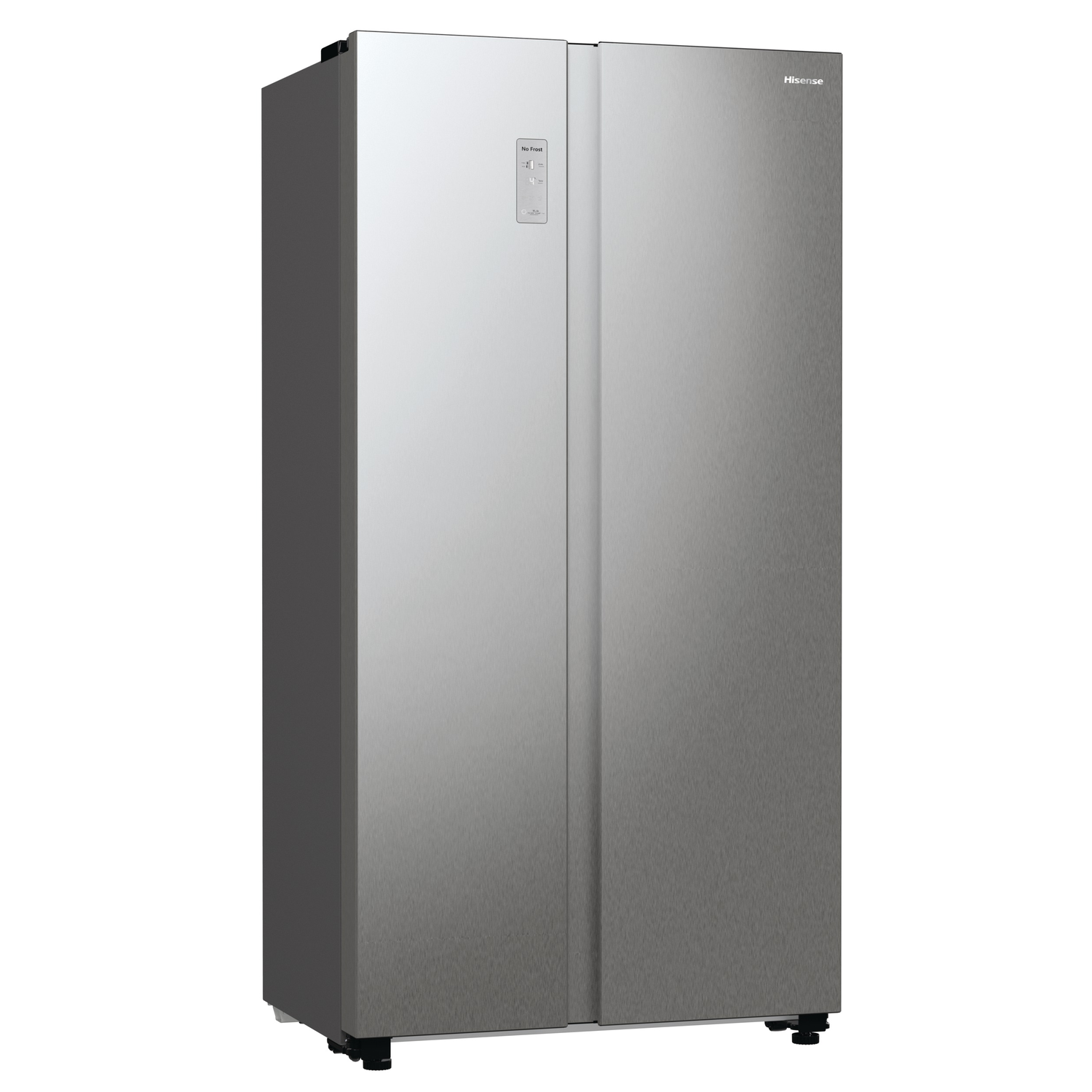 A freestanding, silver Hisense side-by-side refrigerator.