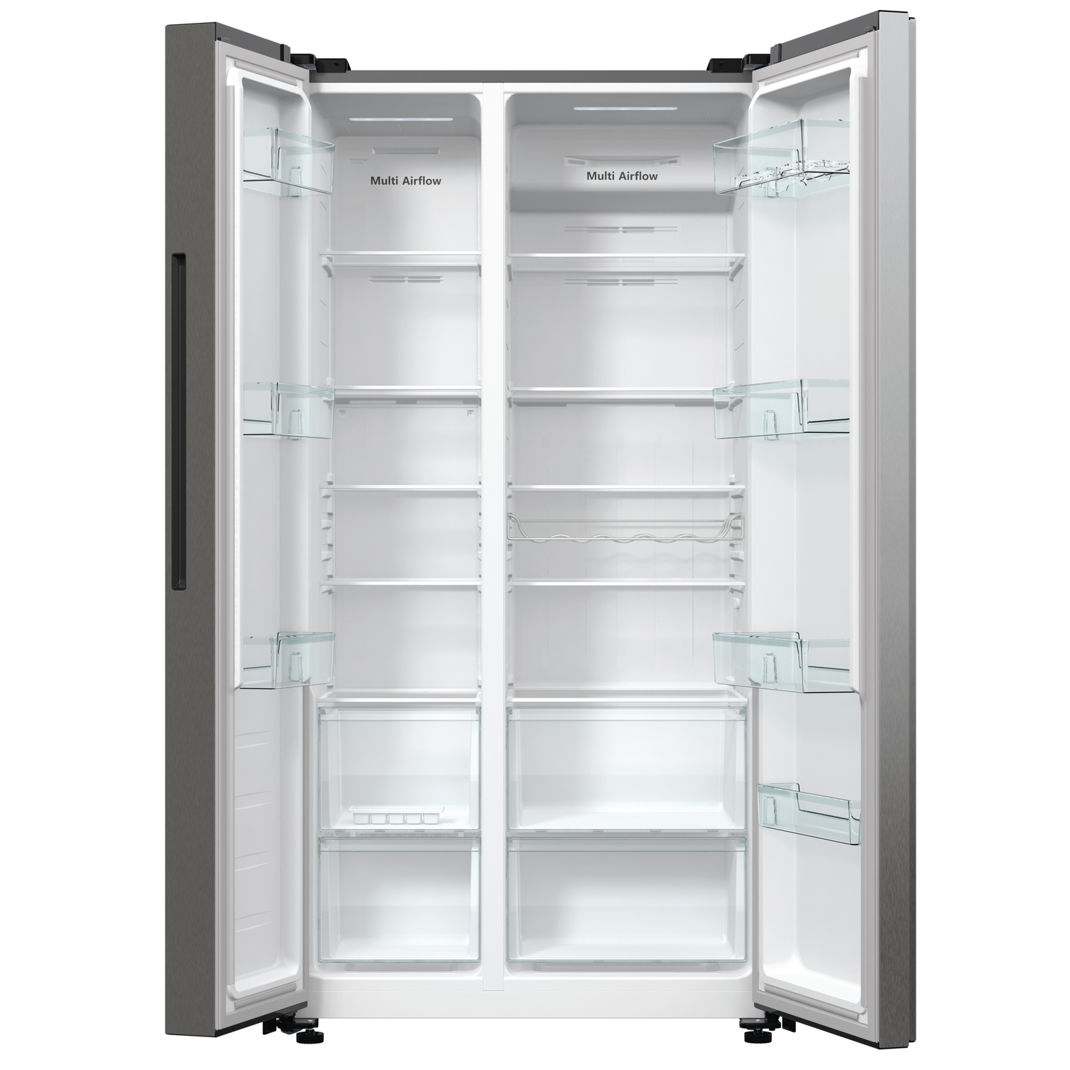 Open, empty, gray side-by-side refrigerator with glass shelves and Multi Airflow system.