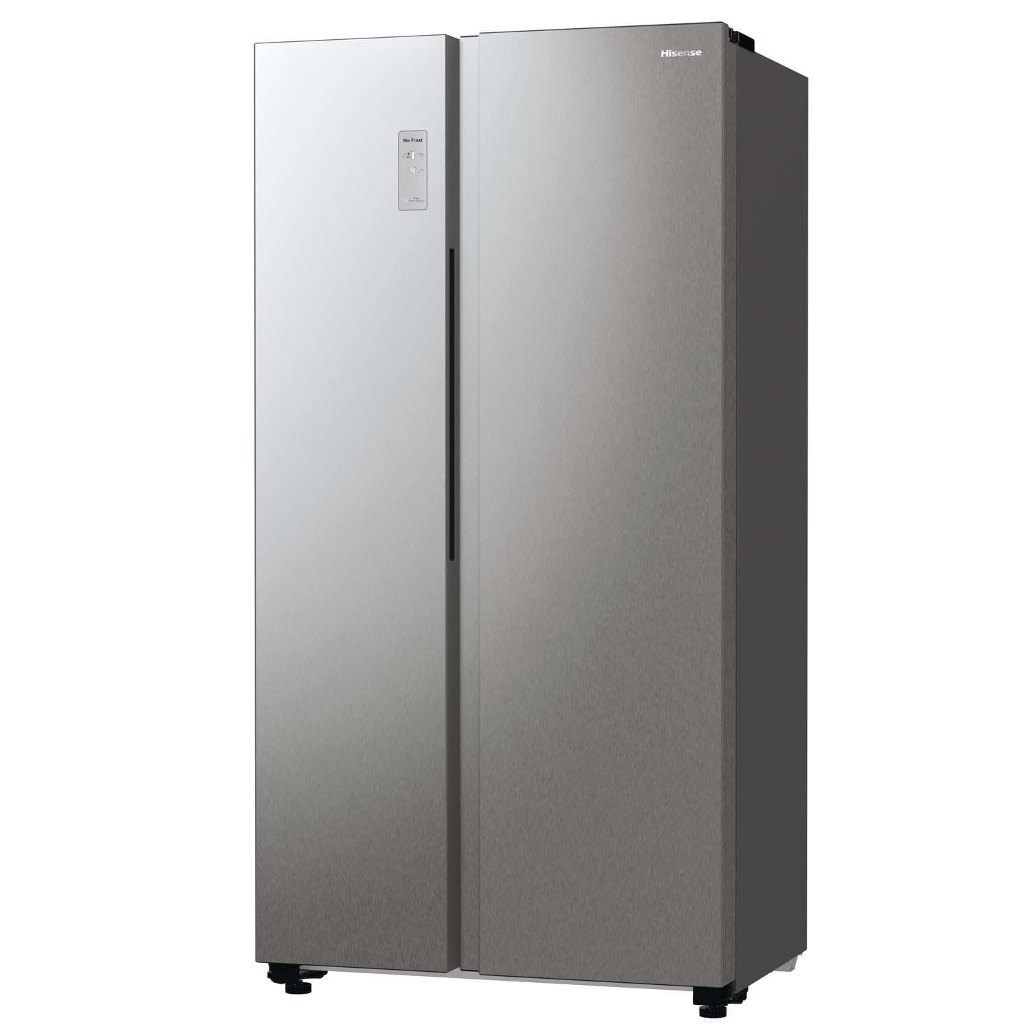 A silver Hisense side-by-side refrigerator with two doors and a digital control panel.
