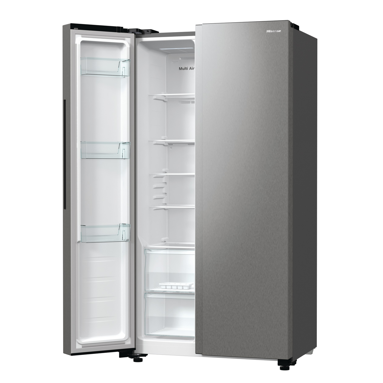 A silver Hisense refrigerator with an open door reveals empty shelves.