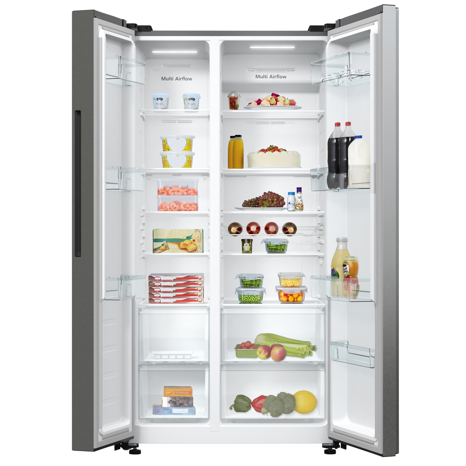 Open, gray refrigerator filled with food items like fruits, vegetables, and drinks.