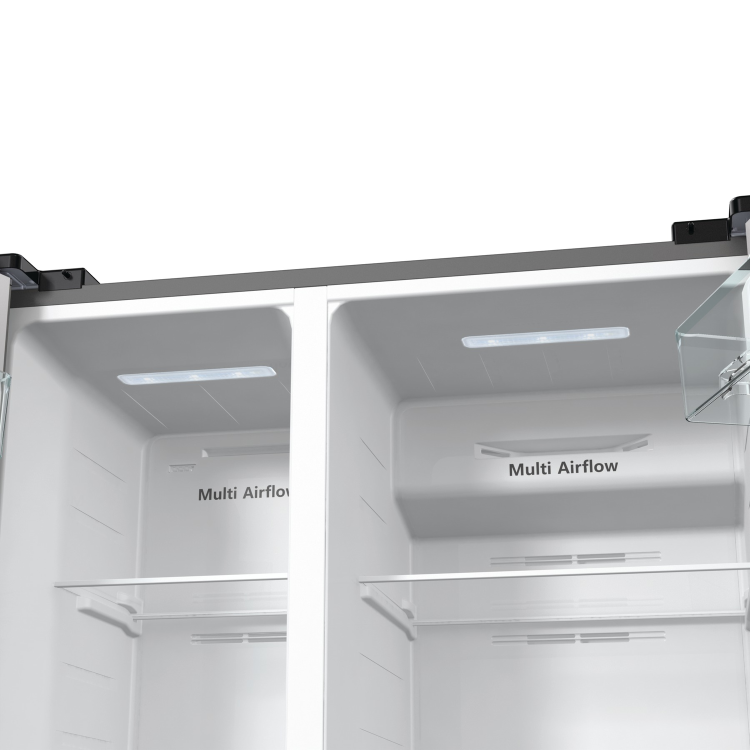 Inside of a refrigerator featuring glass shelves and a multi-airflow system.