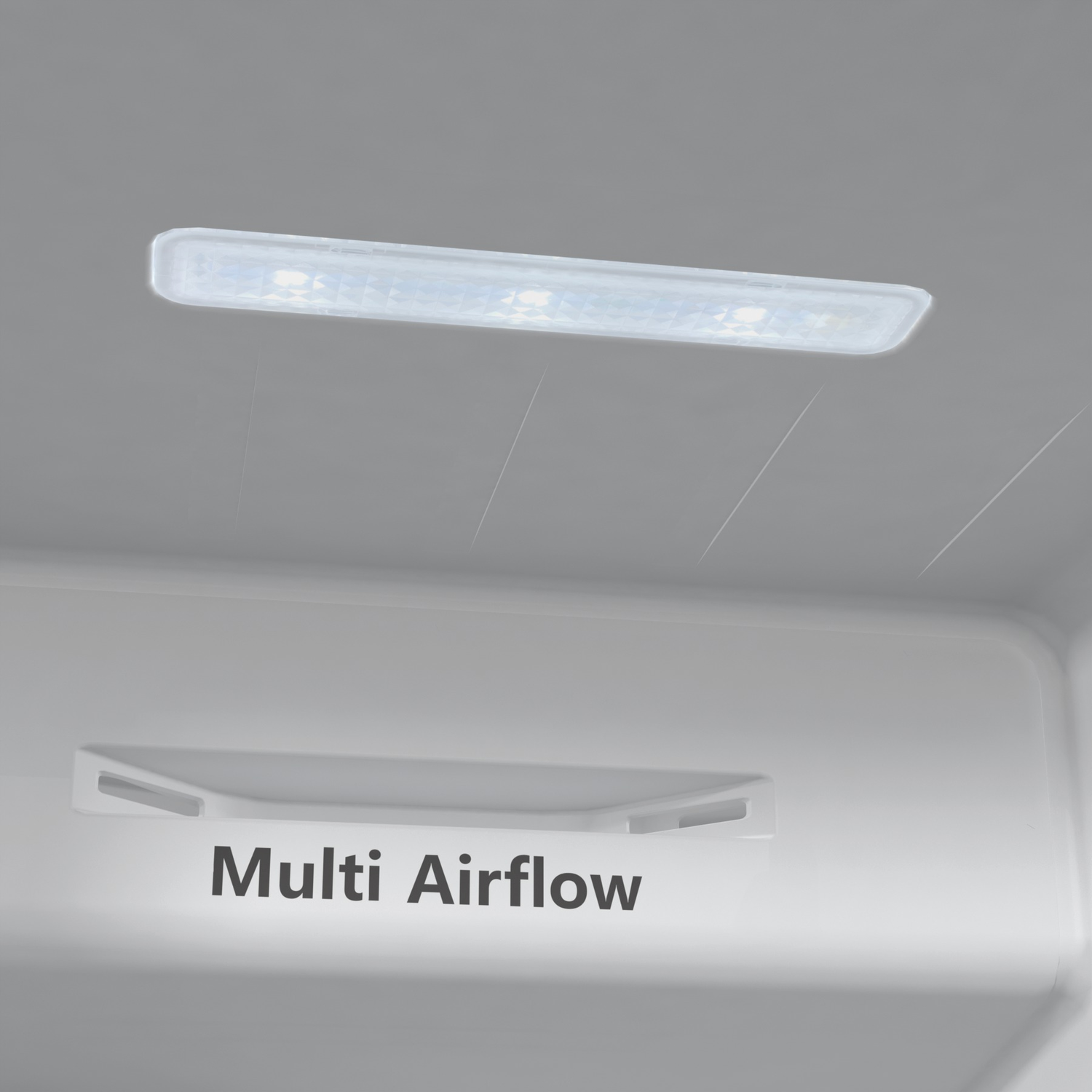 Inside a fridge, featuring an LED light and Multi Airflow system.