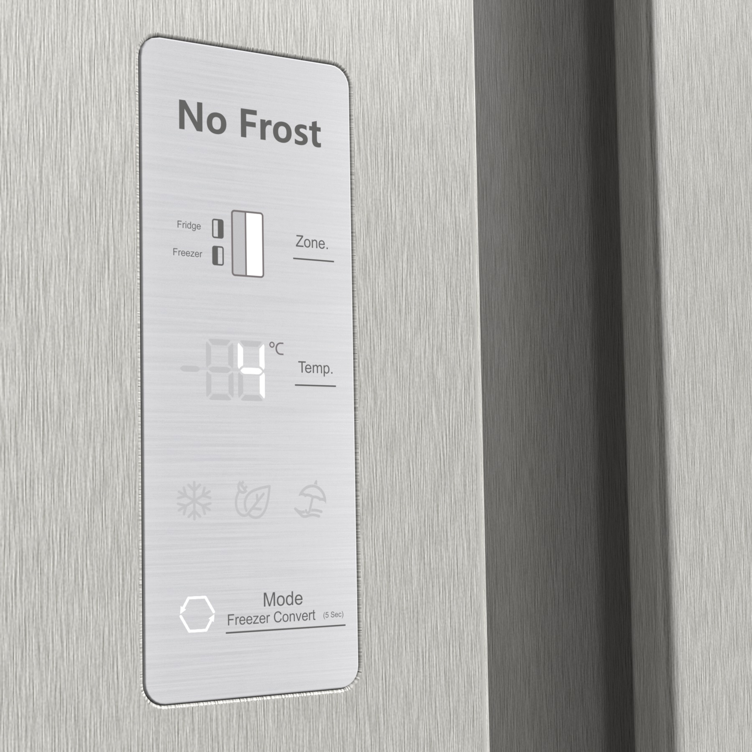 Close-up of a silver fridge with a digital display showing "No Frost" and temperature settings.