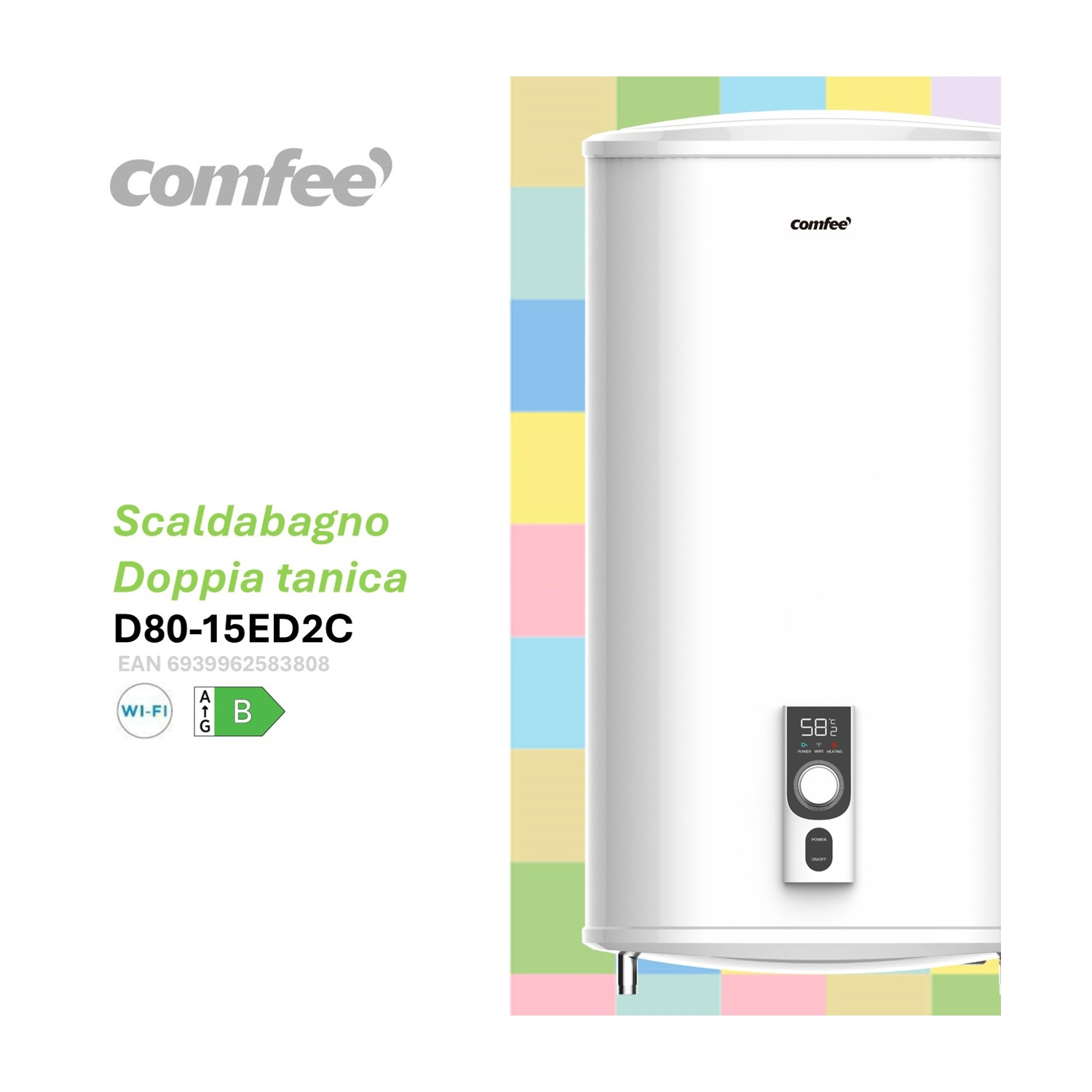 Scaldabagno bianco Comfee con display digitale su sfondo colorato.