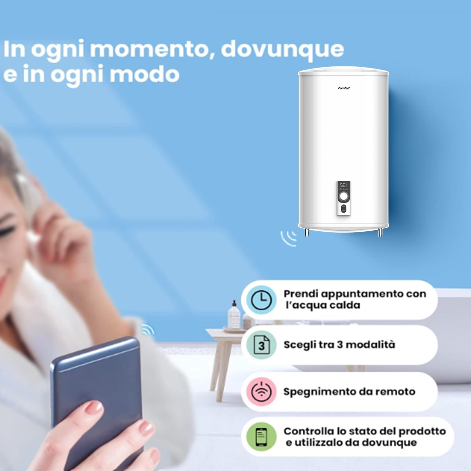 Annuncio di uno scaldabagno telecomandato in un bagno, azionato da una donna con uno smartphone.