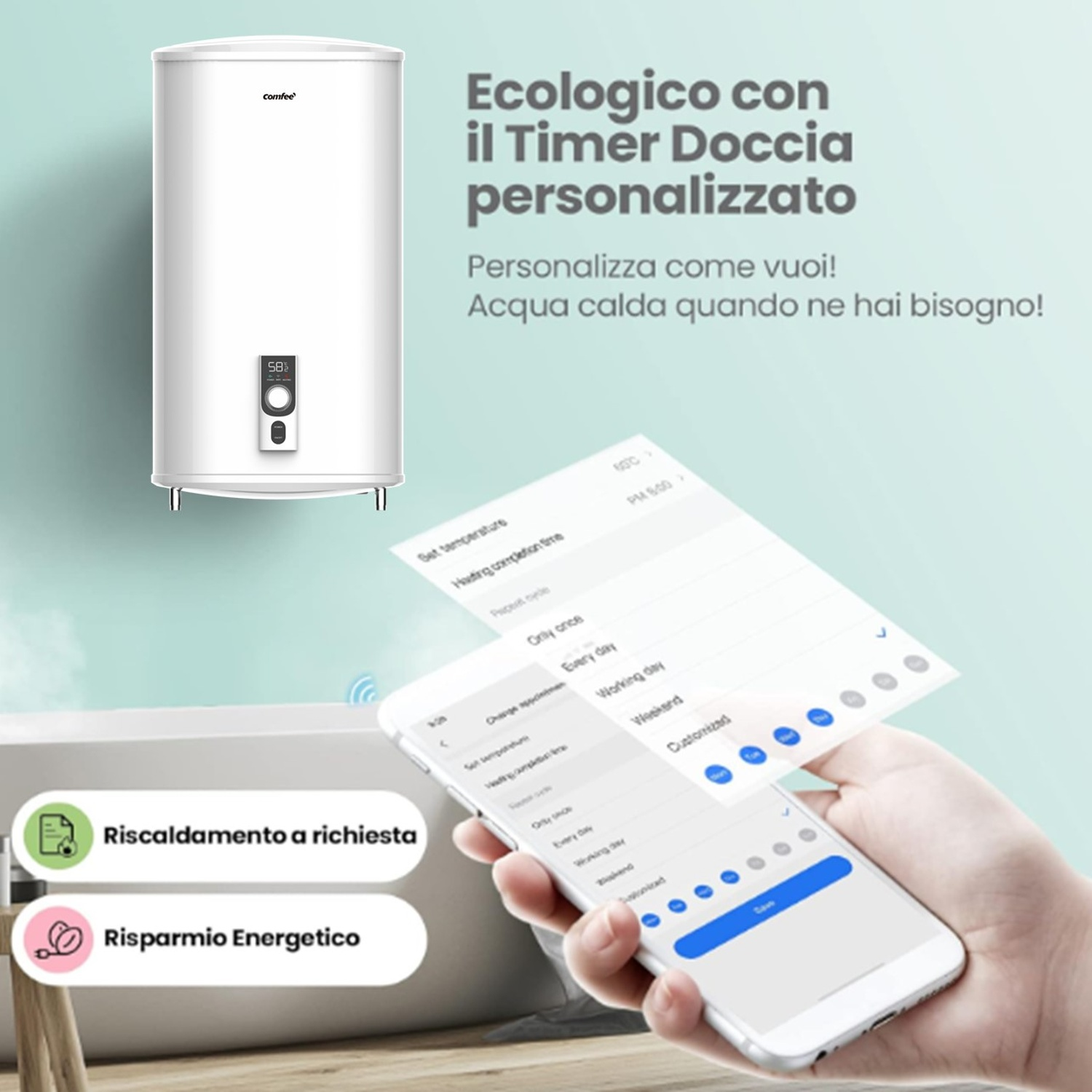 Scaldabagno bianco con controllo da smartphone per tempi di riscaldamento personalizzati.
