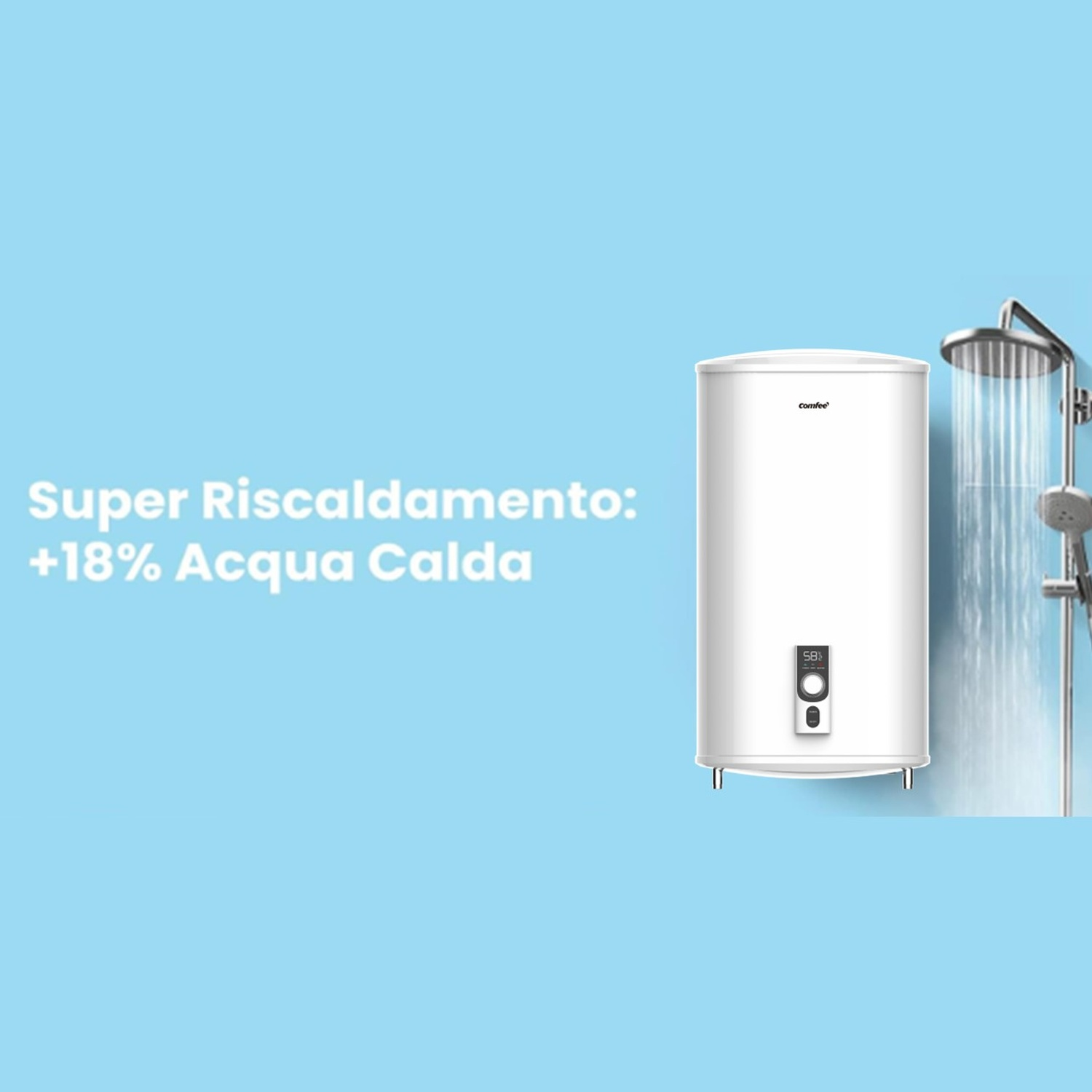 Scaldabagno bianco accanto a una doccia su sfondo blu.