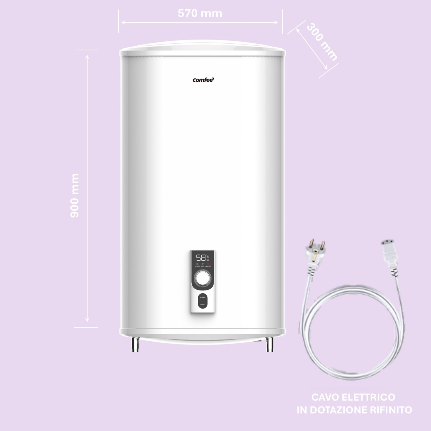 Scaldabagno bianco con display digitale, dimensioni e cavo di alimentazione su sfondo viola.