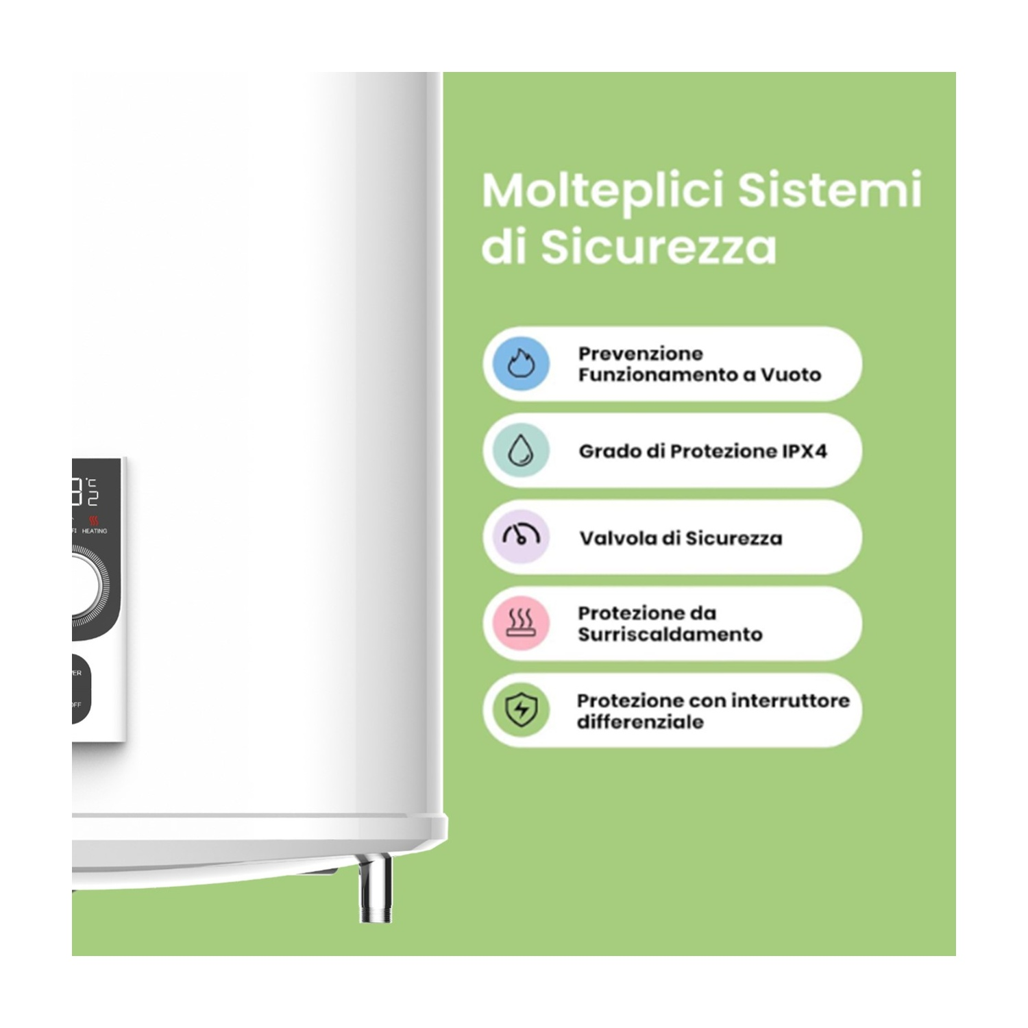 Scaldabagno bianco con caratteristiche di sicurezza su sfondo verde.