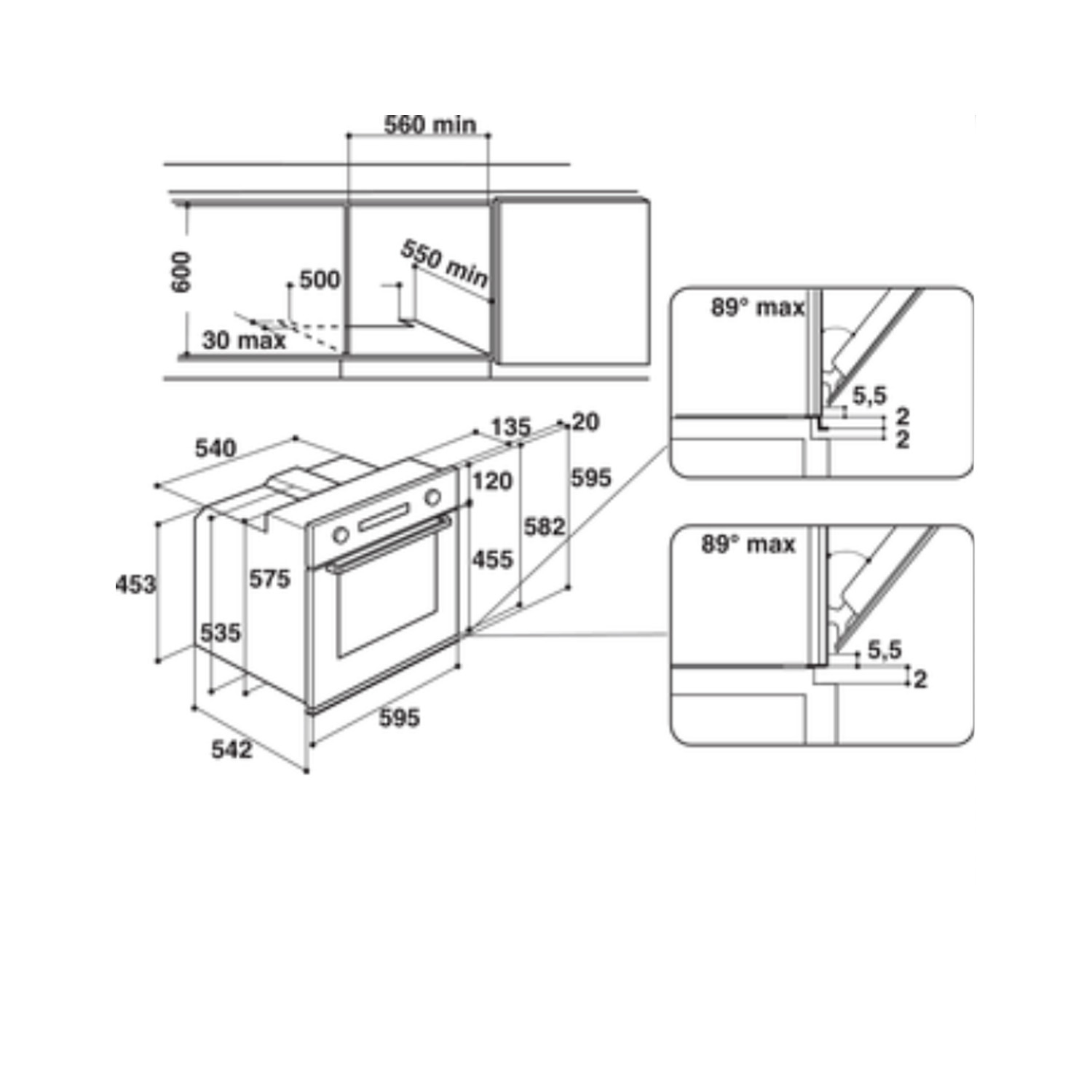 Disegno tecnico di un forno con dimensioni in millimetri e gradi.