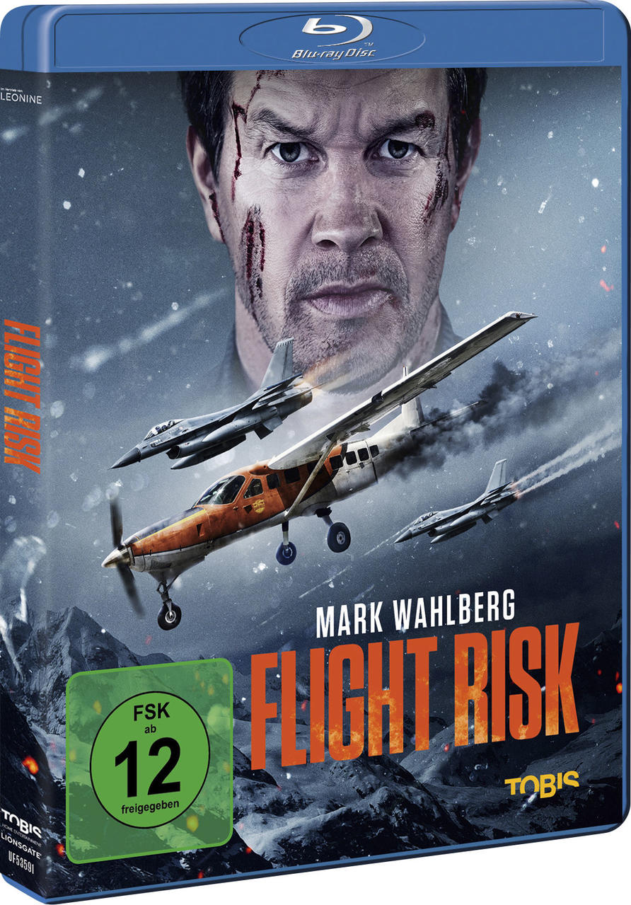 Blu-ray-Cover von Flight Risk mit Mark Wahlberg, Flugzeugen und düsterem Himmel.