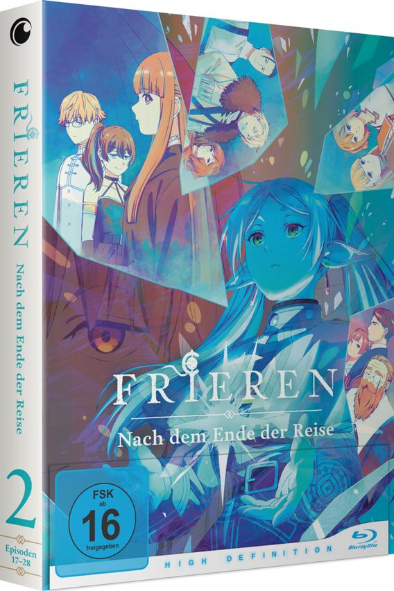 Blu-ray-Cover von Frieren: Nach dem Ende der Reise, Staffel 2, mit Anime-Charakteren.