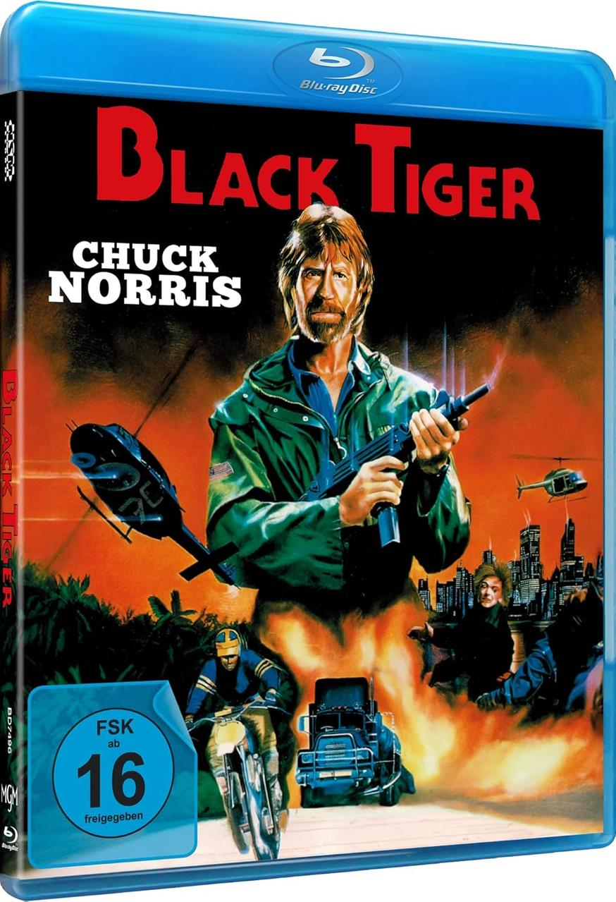 Blu-ray-Cover von Black Tiger mit Chuck Norris, Hubschraubern und Explosionen im Hintergrund.