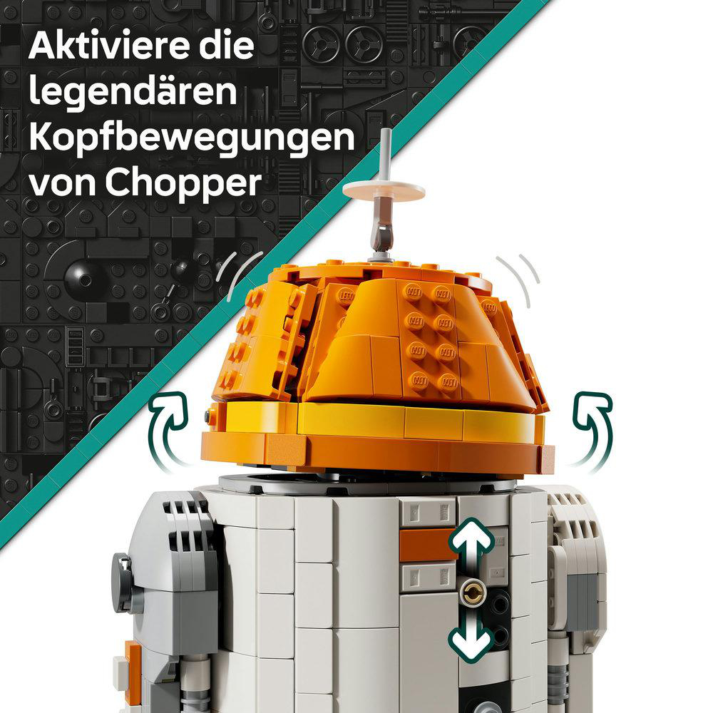 Nahaufnahme eines Lego-Chopper-Droiden mit orangefarbenem Kopf und weißem Körper.