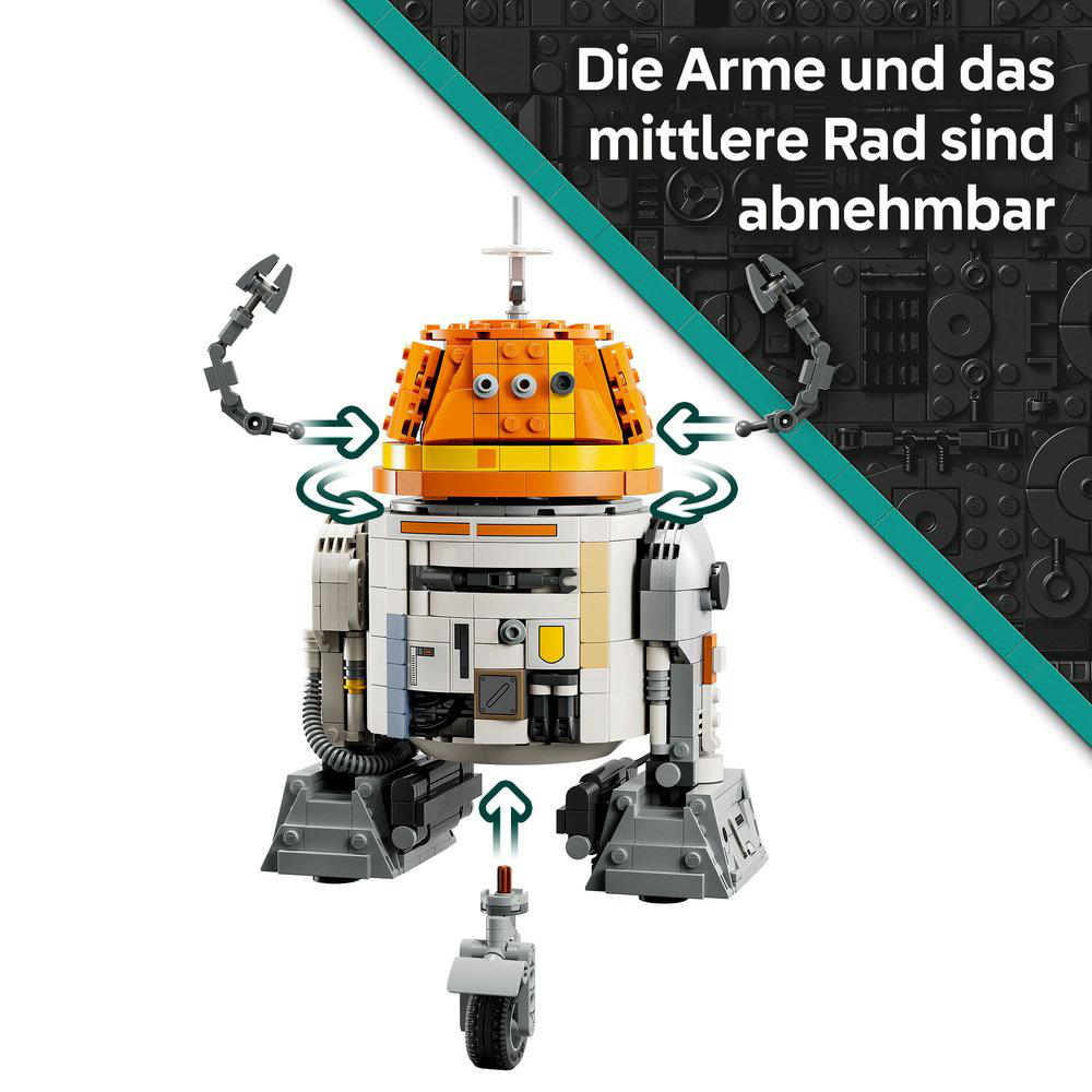Ein Lego-Roboter mit orangem Kopf, weißem Körper und grauem Fahrgestell ist vor einem grauen Hintergrund abgebildet.