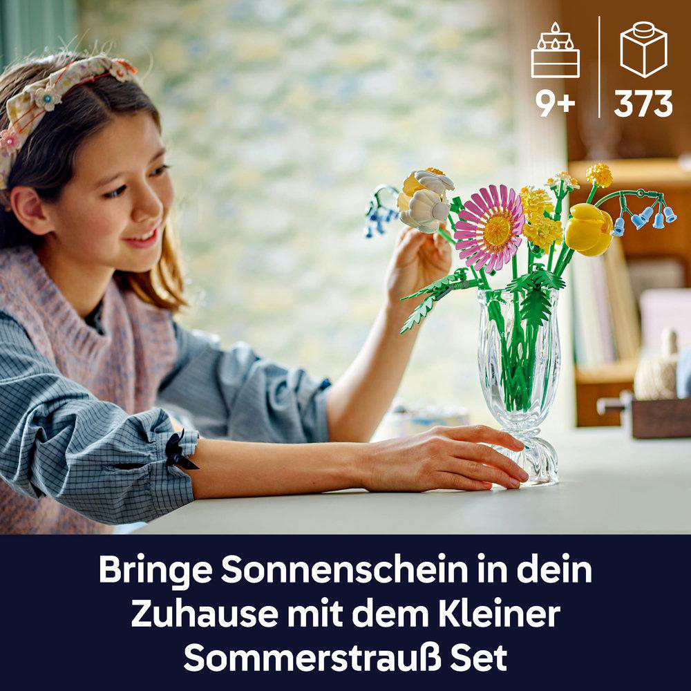 Mädchen arrangiert Blumenstrauß in Vase, Blumen in Gelb, Rosa und Blau.
