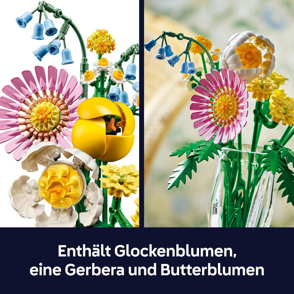 Bunte LEGO Blumen, darunter Glockenblumen, Gerbera und Butterblumen, kunstvoll arrangiert.