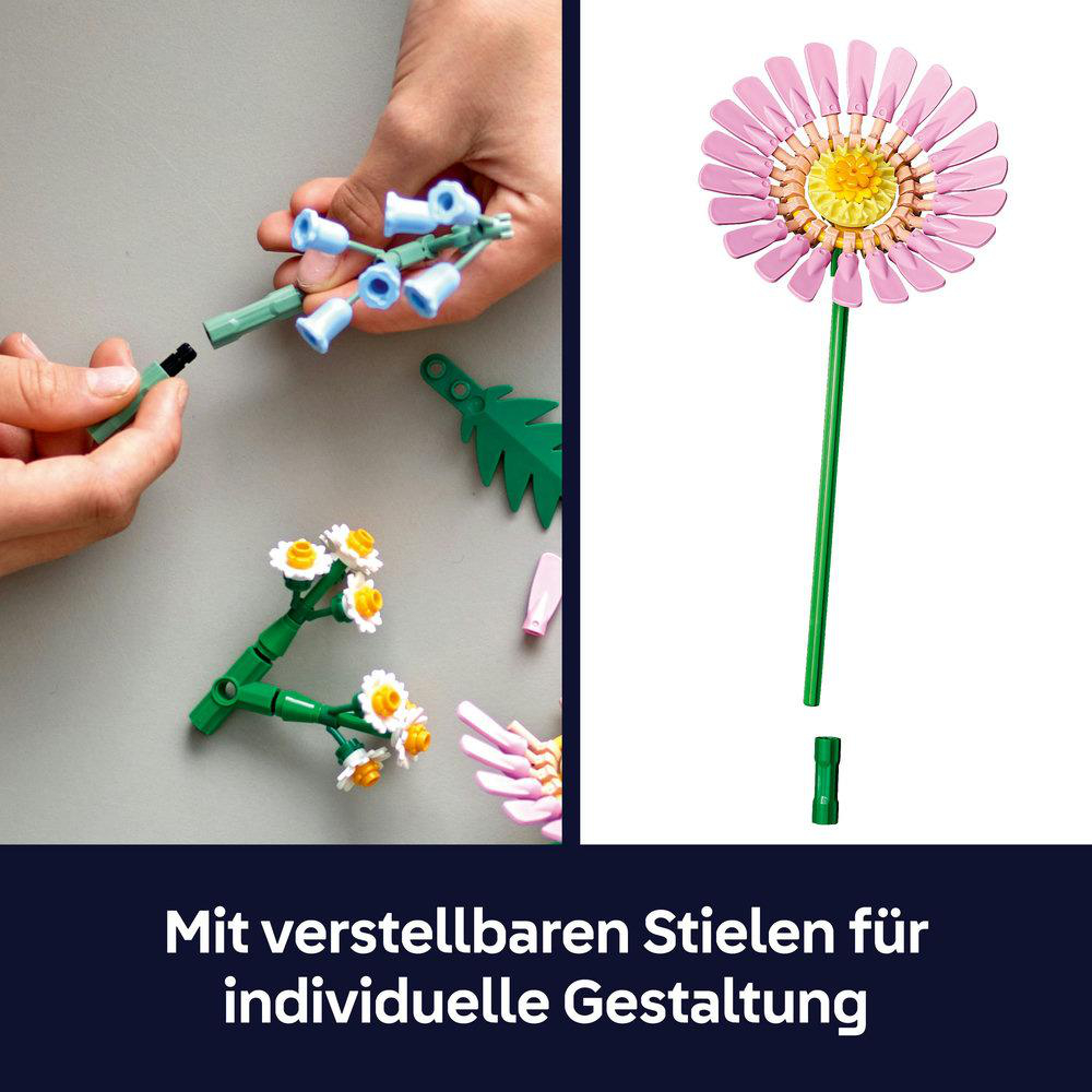 Das Bild zeigt Lego-Blumen in verschiedenen Farben und Bauzuständen, einige davon werden von einer Hand zusammengesetzt.