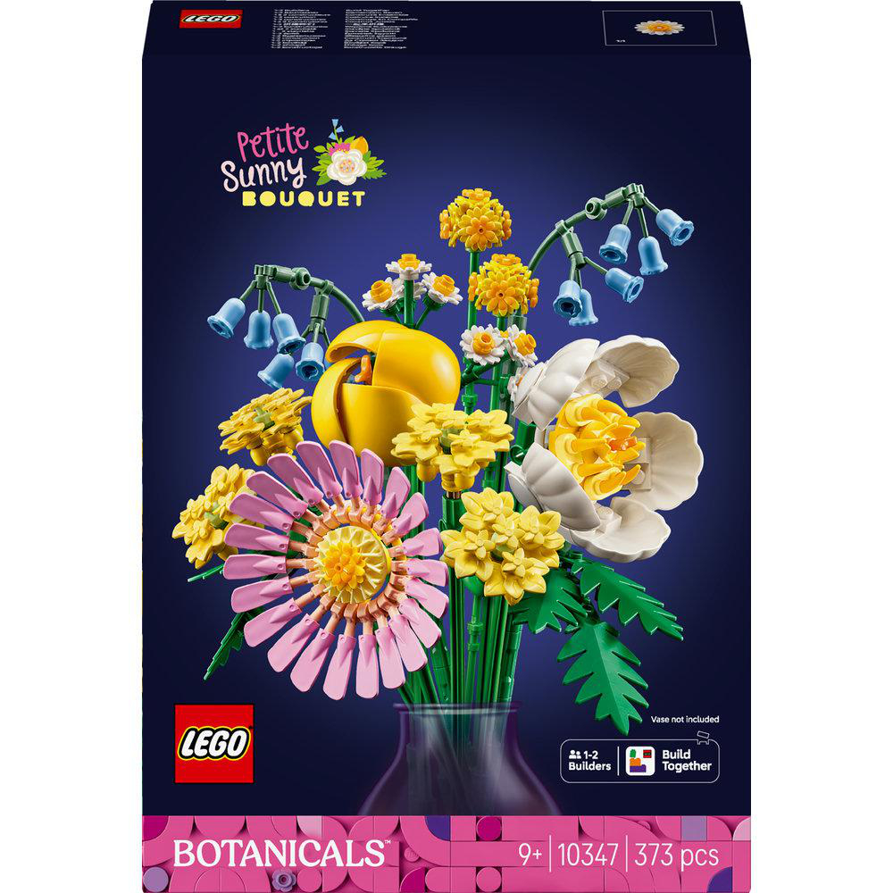 Die LEGO-Box zeigt einen "Petite Sunny Bouquet" mit rosa, gelben, weißen und blauen Blumen. Es enthält 373 Teile.