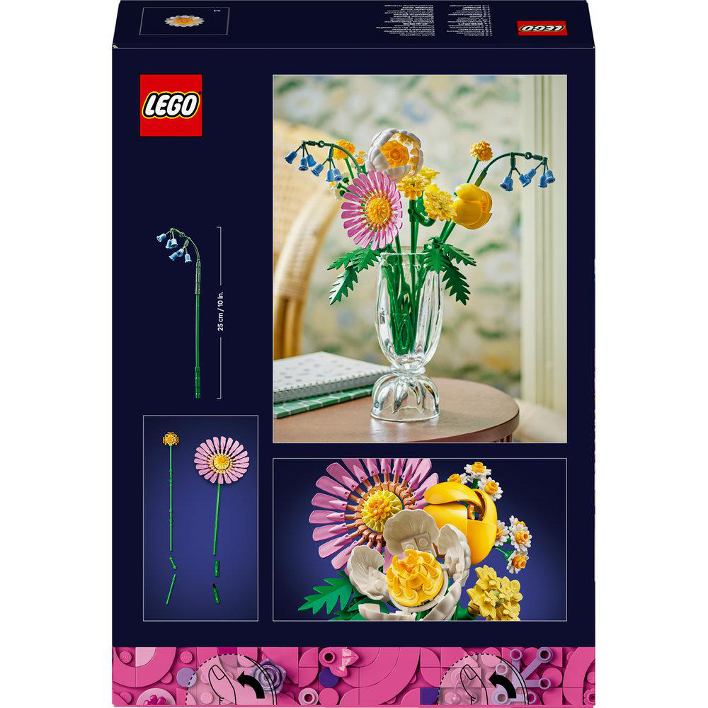 LEGO-Blumenstrauß-Set in einer klaren Vase mit rosa, gelben und blauen LEGO-Blumen.