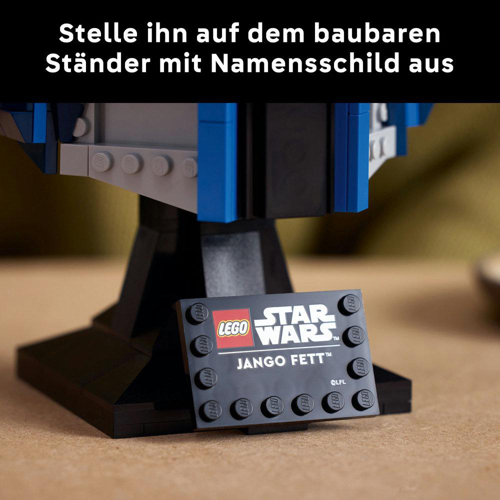 Nahaufnahme eines Lego Star Wars Jango Fett Modells auf einem schwarzen Ständer mit Namensschild.