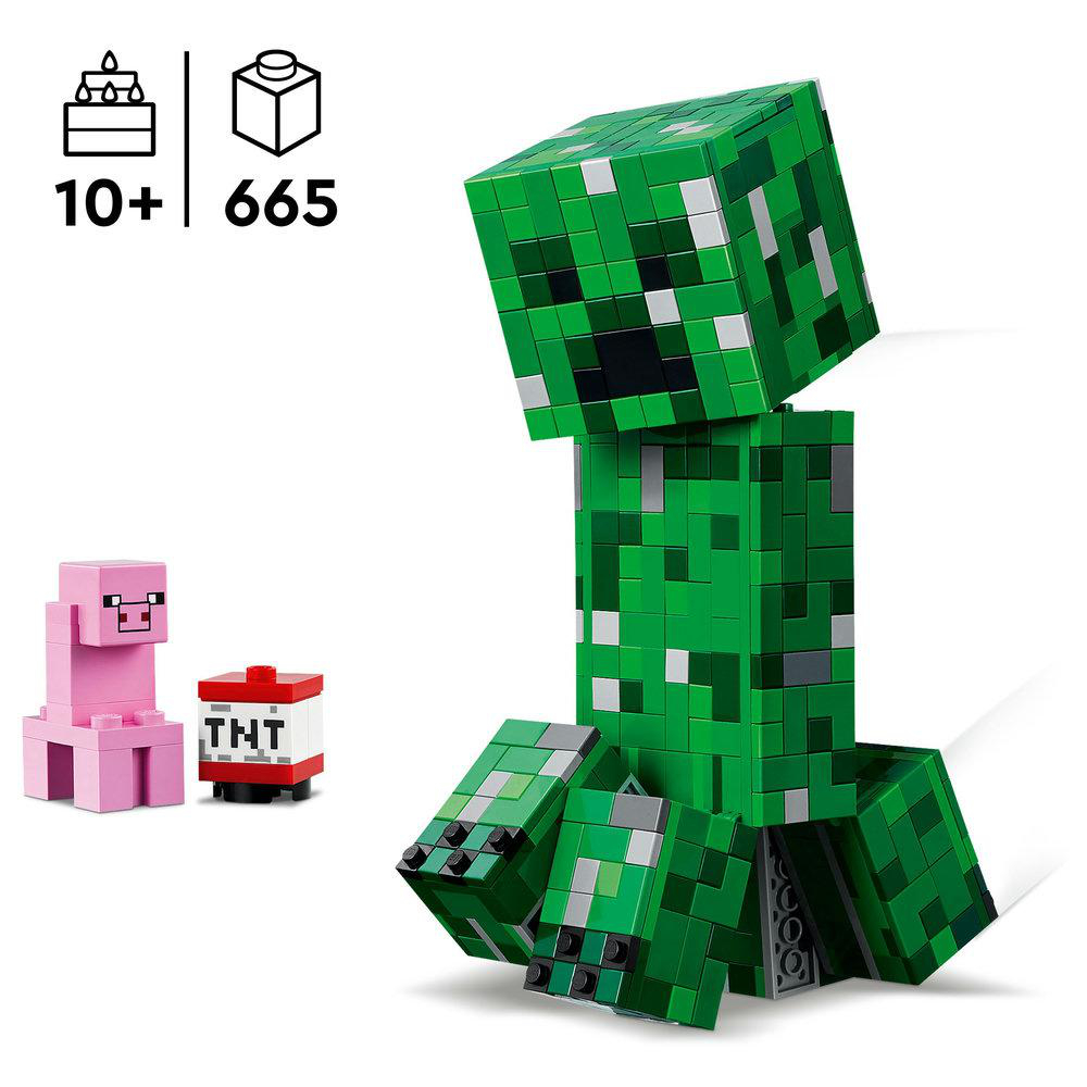 Ein Minecraft-Creeper-Bausatz aus Legosteinen, mit einem rosa Schwein und TNT, auf einem weißen Hintergrund.