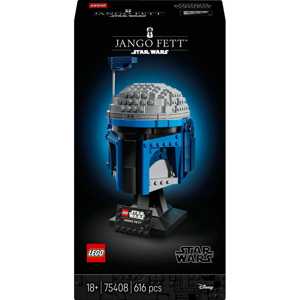 Lego Star Wars Jango Fett Helm-Bausatzbox mit einem detaillierten blau-grauen Helm auf einem Ständer vor einem dunklen Hintergrund.