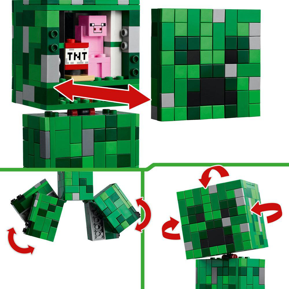 Minecraft Lego Set zeigt Creeper mit TNT und rosa Schwein, das sich öffnet.