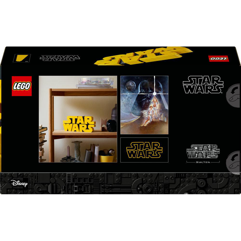 Eine LEGO Star Wars Box mit gelben LEGO Elementen und Star Wars Bildern.