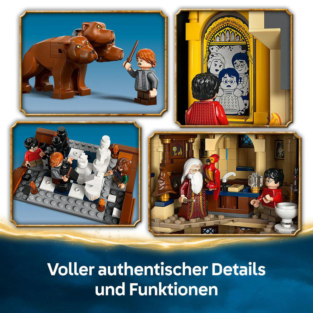 Lego Harry Potter Set mit Figuren, Schachbrett und Szenen aus Hogwarts.