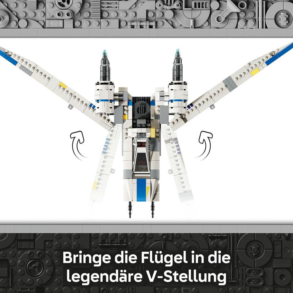 Ein Lego-Raumschiff mit blauen Akzenten und Pfeilen, die die Bewegung der Flügel in eine V-Form andeuten.