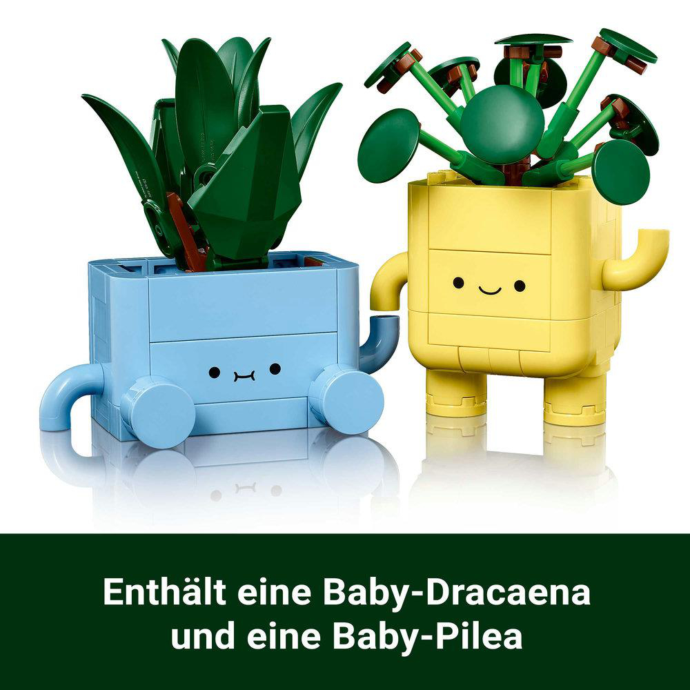 Zwei LEGO-Pflanzen, eine Baby-Dracaena und eine Baby-Pilea, in blauen und gelben Töpfen.