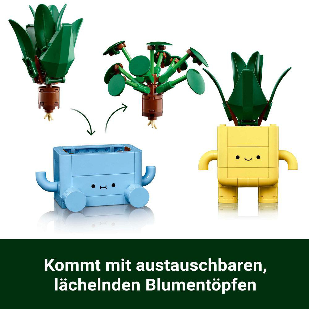 Lego-Blumentöpfe mit austauschbaren, lächelnden Gesichtern und verschiedenen Pflanzenaufsätzen.