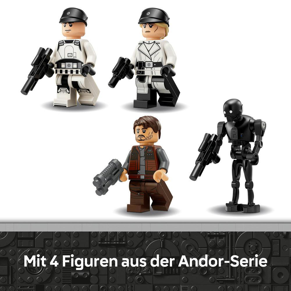 Vier Lego Star Wars Andor-Serienfiguren mit Waffen auf gemustertem Sockel.