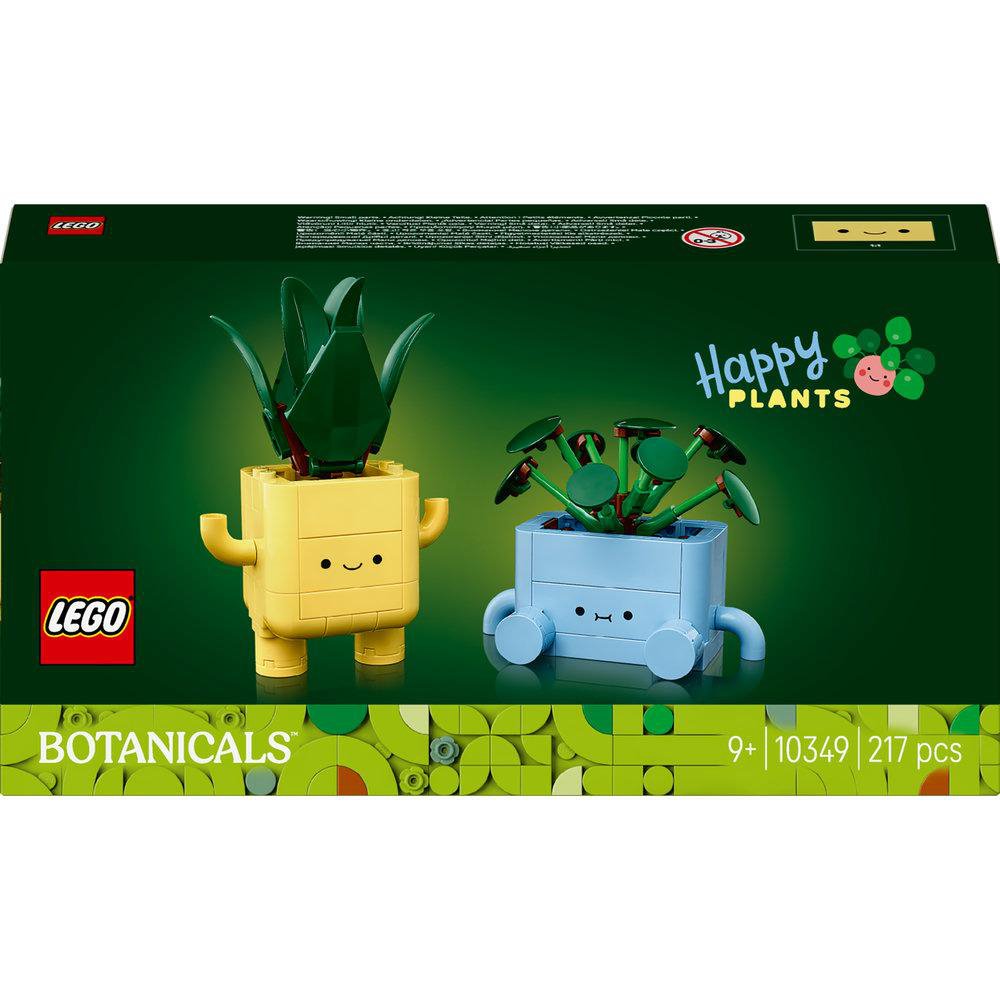 Lego Botanicals Set mit gelbem und blauem Pflanzenbehälter auf einer grünen Verpackung.