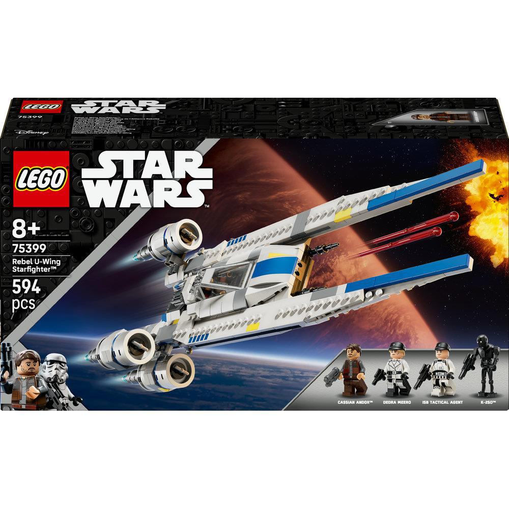 LEGO Star Wars Rebel U-Wing Starfighter Set mit Minifiguren auf einer Box.