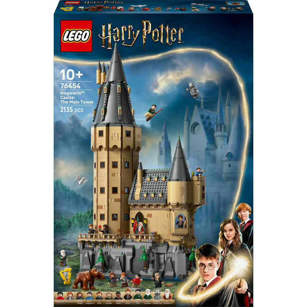 Eine LEGO Harry Potter Set-Box zeigt den Hauptturm von Schloss Hogwarts mit Charakteren und magischen Elementen.