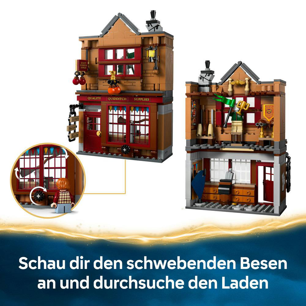 Das Bild zeigt Lego-Sets von Quidditch-Zubehörläden mit roten, braunen und weißen Elementen.