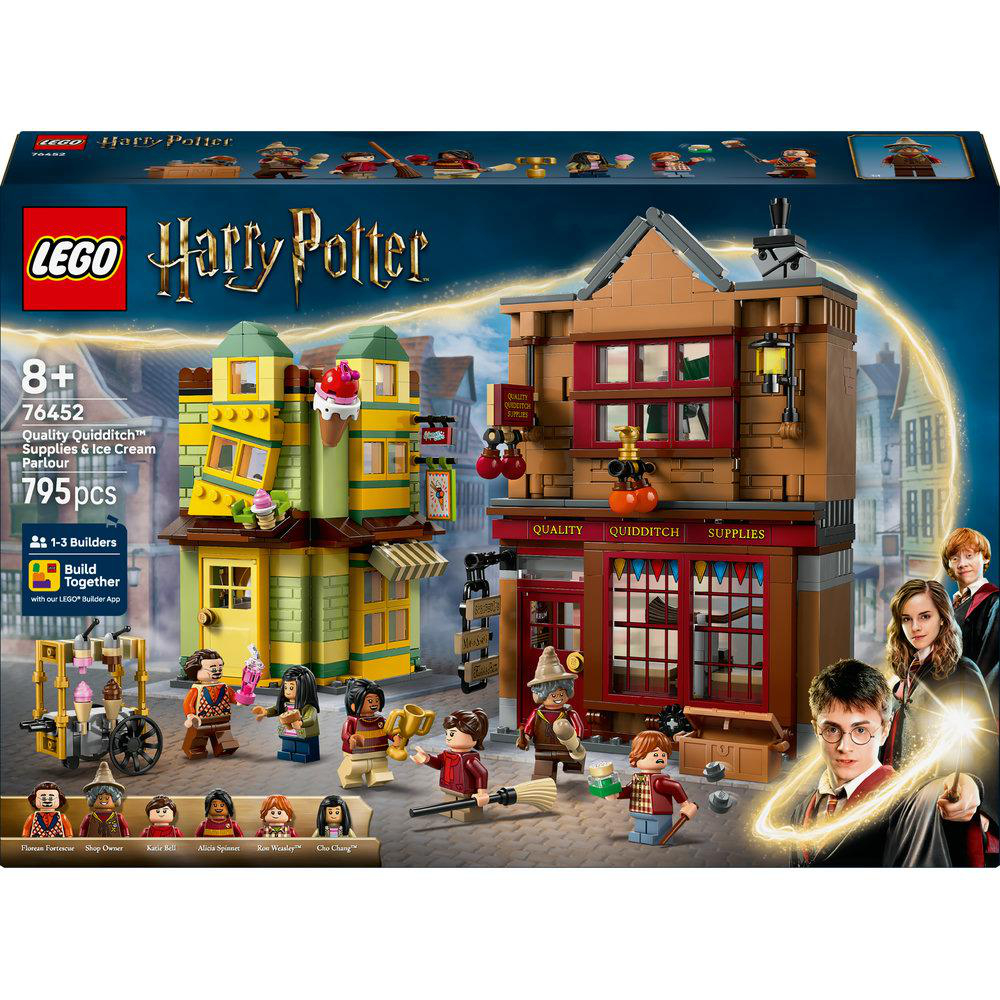 LEGO Harry Potter Set mit Quidditch-Zubehör und Eisdiele, mit Minifiguren und detaillierten Gebäuden.