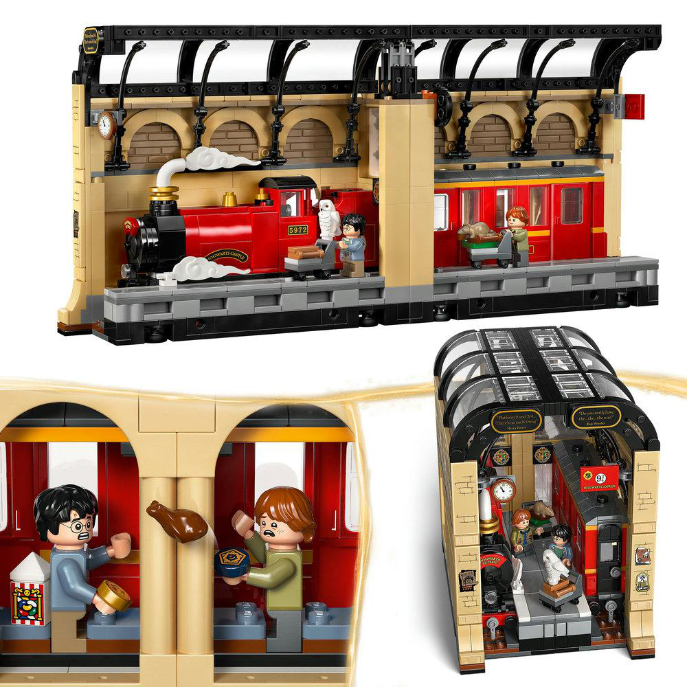 Ein Lego-Set von Hogwarts Express auf Gleis 9 3/4 mit Figuren und rotem Zug.