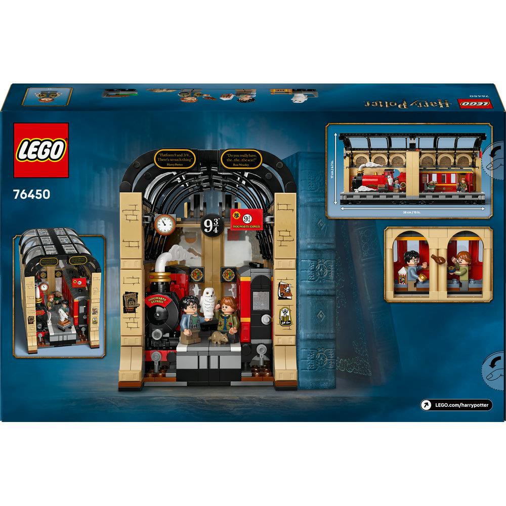 LEGO Harry Potter Set 76450 zeigt die Plattform 9 3/4 mit Zug, Figuren und Zubehör.