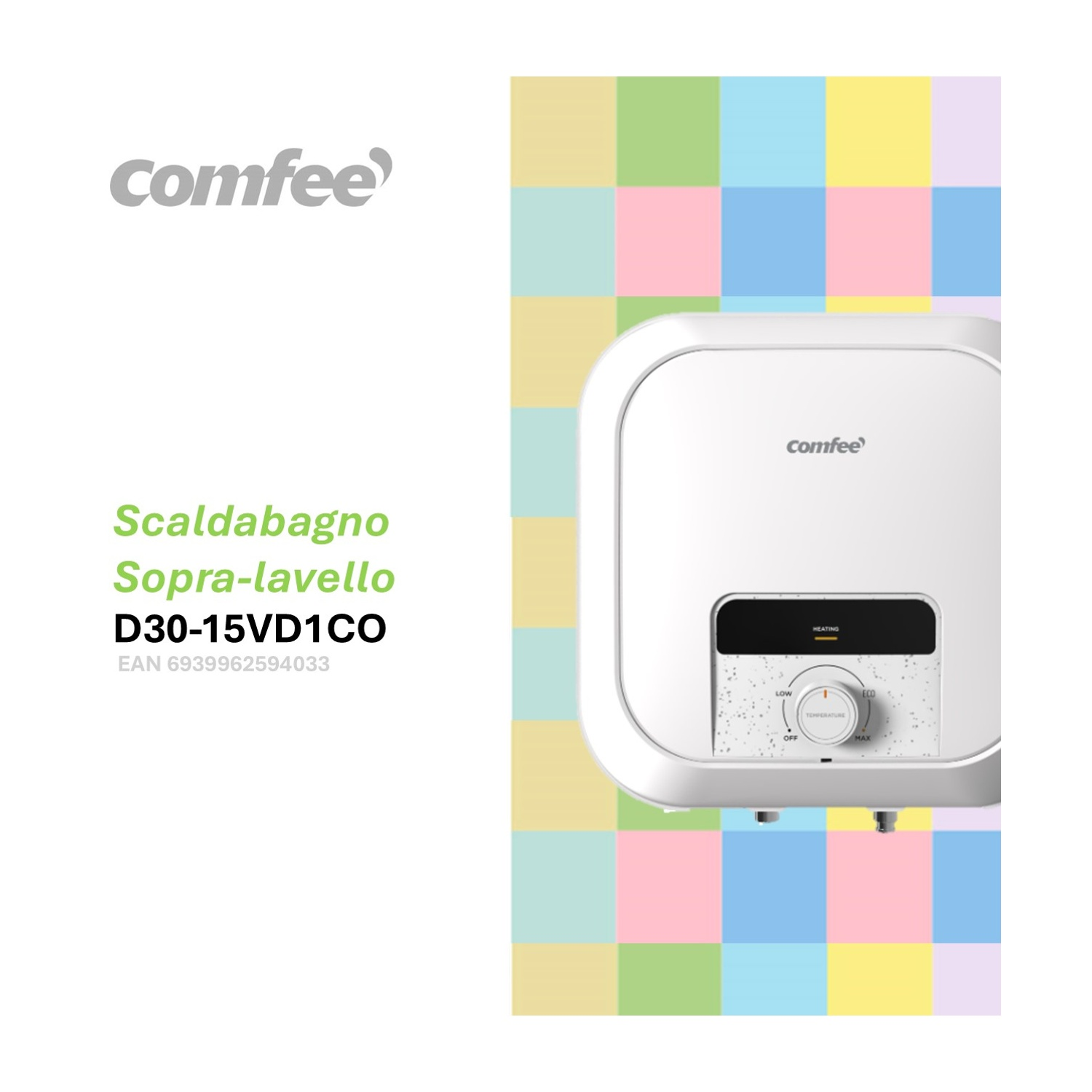 Scaldabagno bianco Comfee con controllo della temperatura su sfondo colorato.