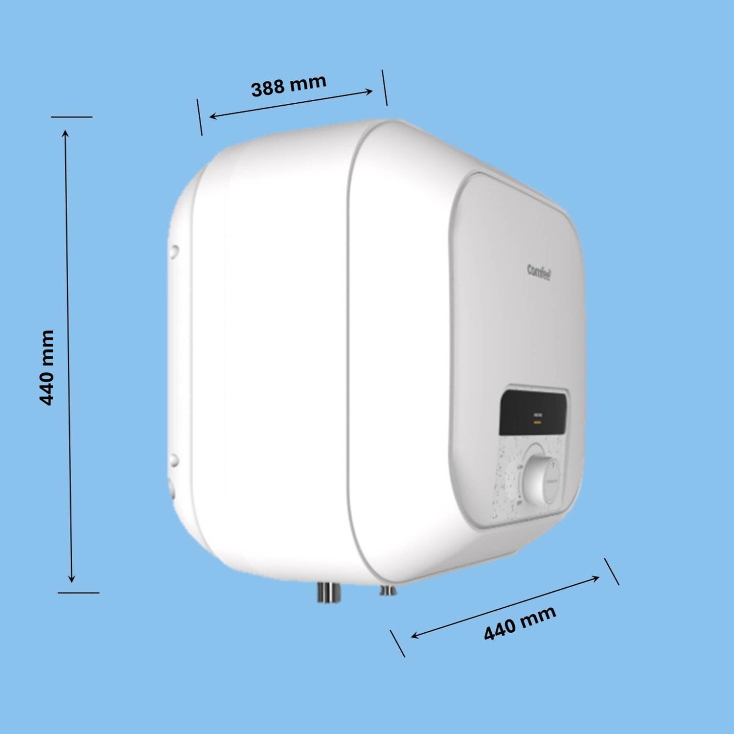 Scaldabagno bianco con dimensioni su sfondo blu.
