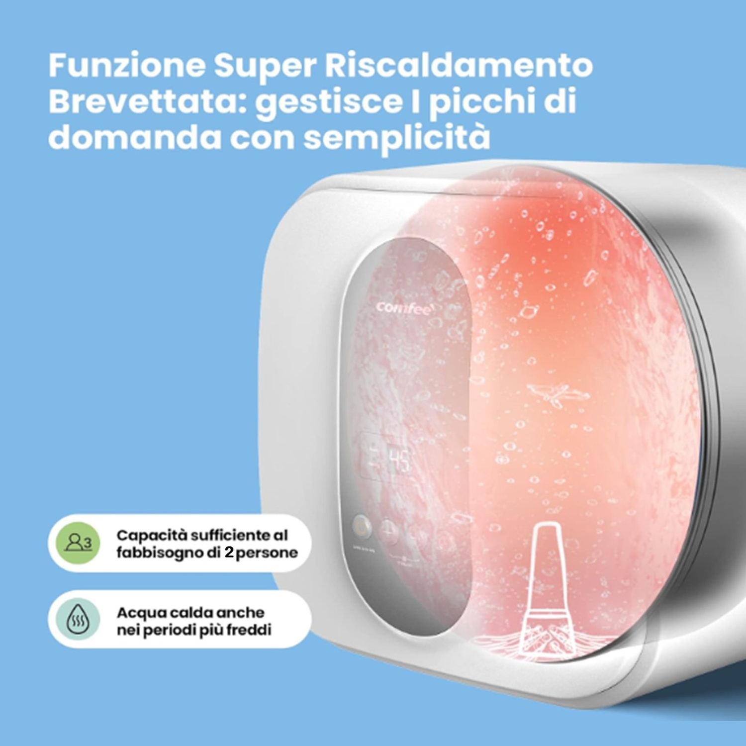 Primo piano di un dispositivo bianco con un contenitore rosso pieno d'acqua, che fornisce acqua calda per due persone.