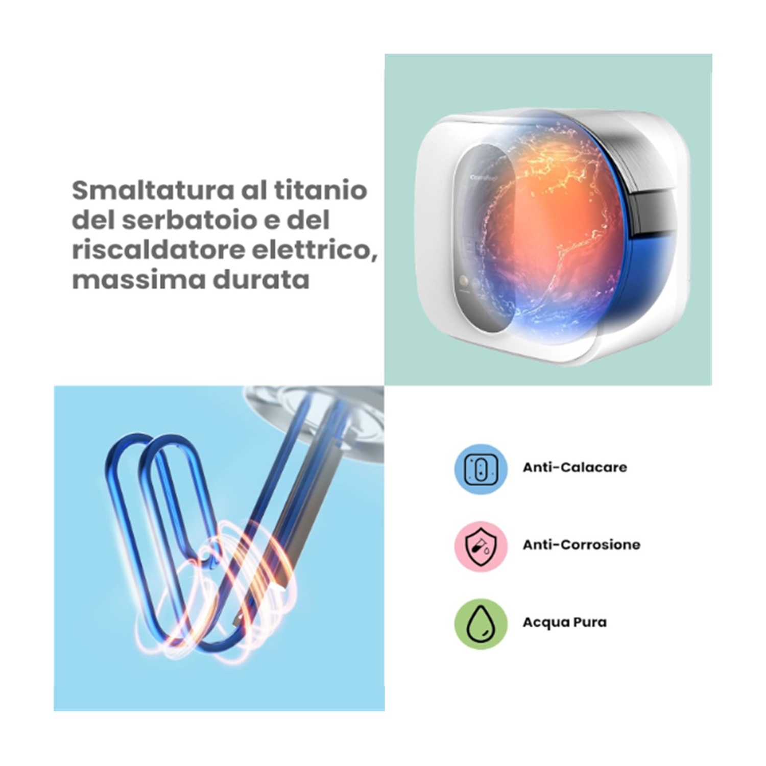 Immagine del prodotto che mostra rivestimento in titanio, elemento riscaldante elettrico e caratteristiche come anticalcare, anticorrosione e acqua pura.