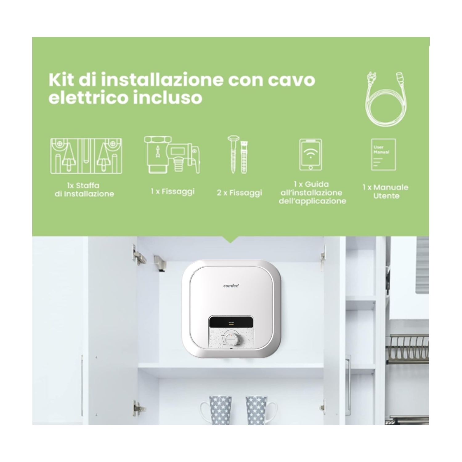 L'immagine mostra un kit di installazione con cavo elettrico, staffe, fissaggi, una guida all'installazione e un manuale utente.